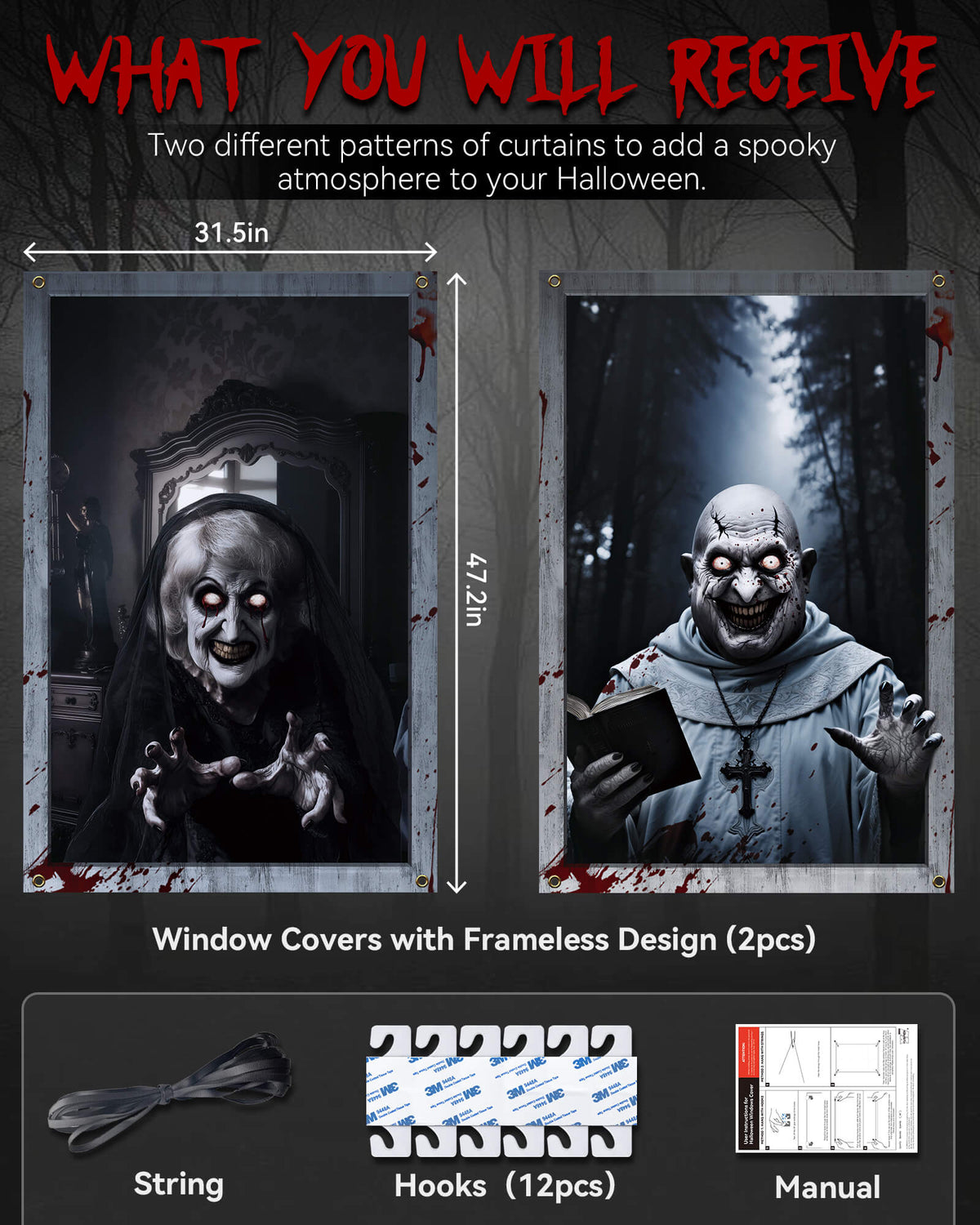 2 Pack of Halloween Window Cover, Corrupt Priest Ghost without Frame
