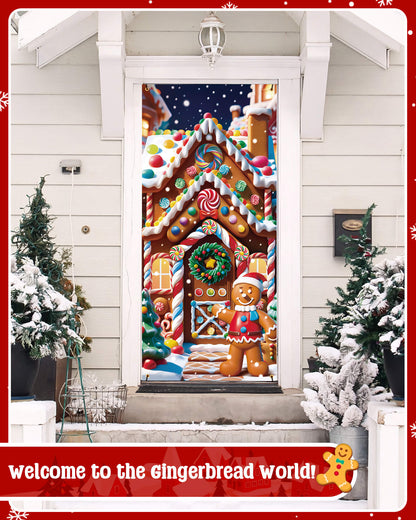 Christmas Door Cover, 35.4"x78", Gingerbread Man&Candy House