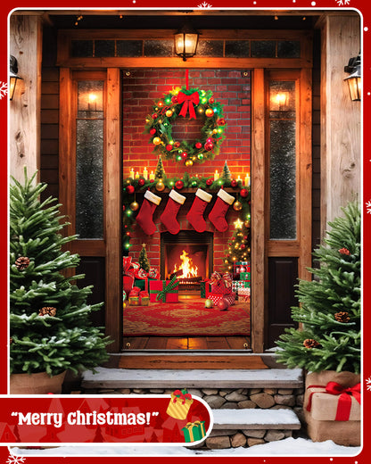 Christmas Door Cover, 35.4"x78", Classic Fireplace