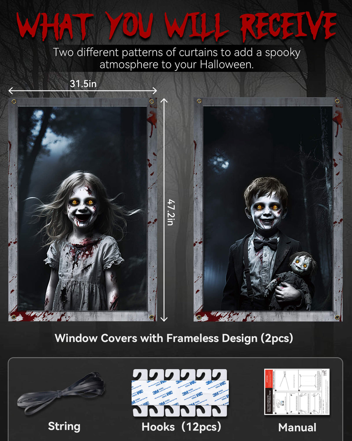 2 Pack of Halloween Window Cover, Kids without Frame