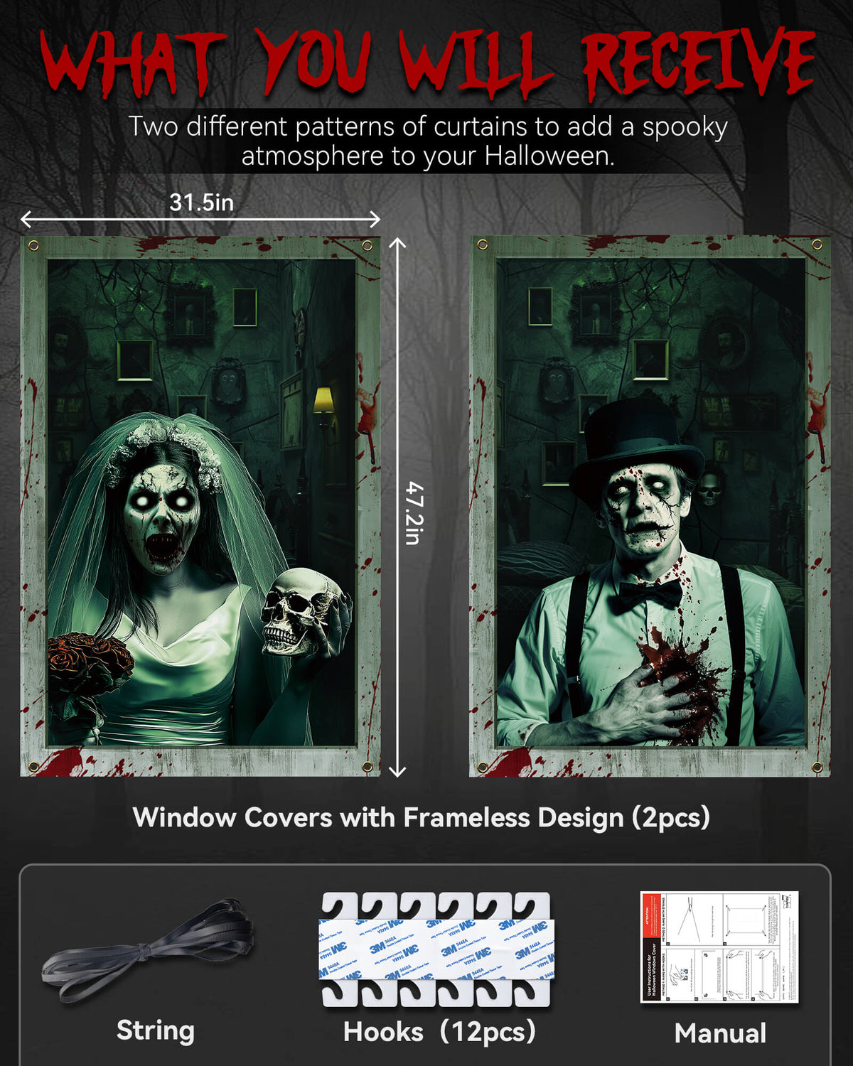 2 Pack of Halloween Window Cover, Newlyweds Ghost without Frame