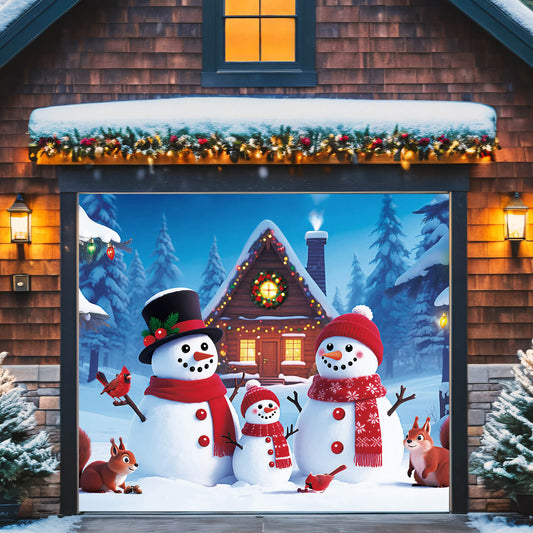 Christmas Garage Door Cover, 7x8 ft, Snowman Family