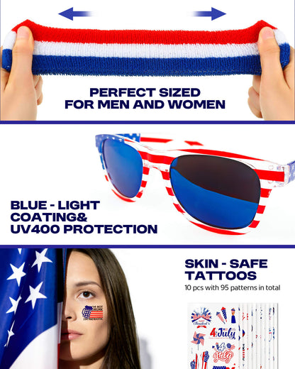 American Flag Cape Set with Star Headband, Sunglasses & Tattoos