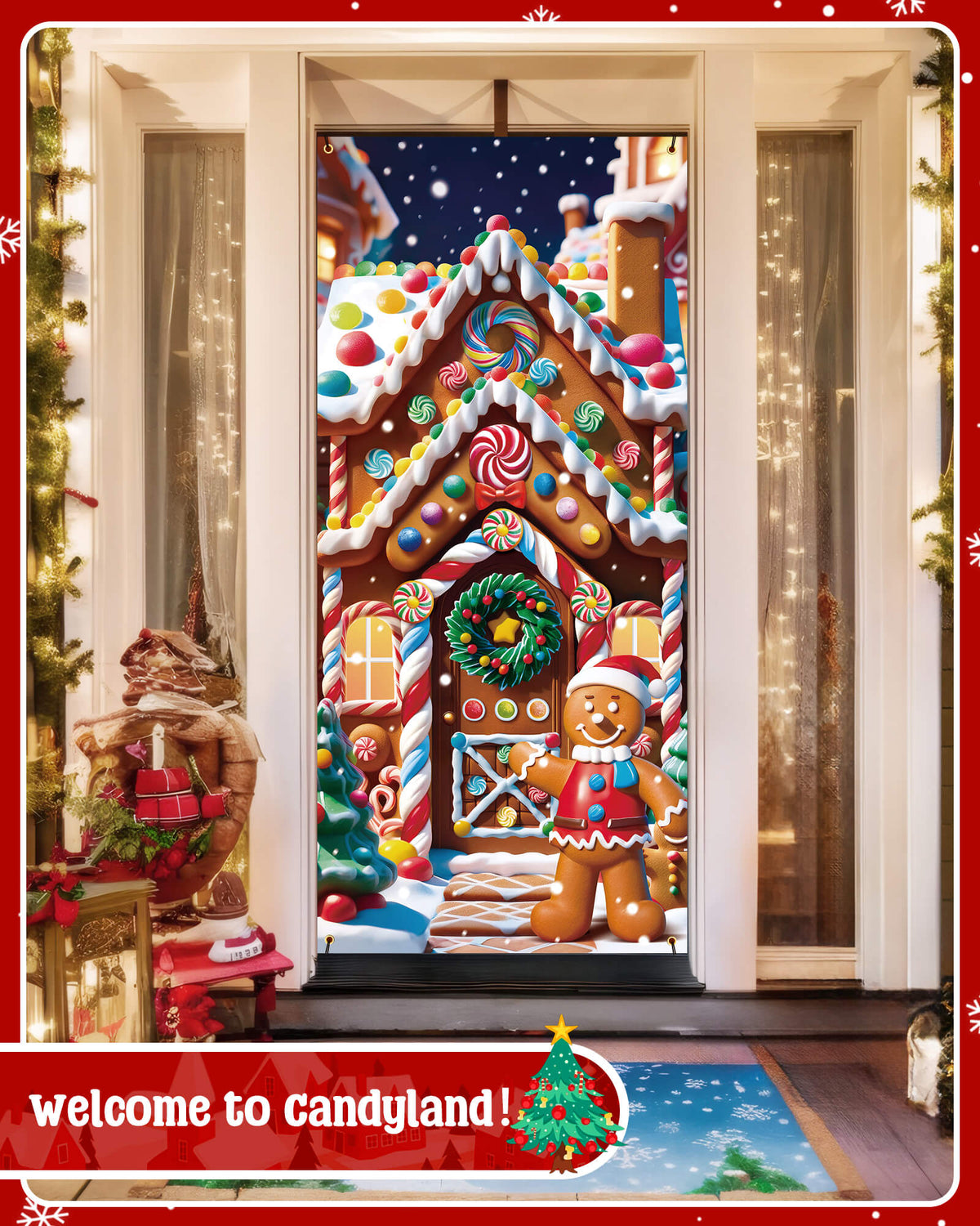 Christmas Door Cover, 35.4"x78", Gingerbread Man&Candy House
