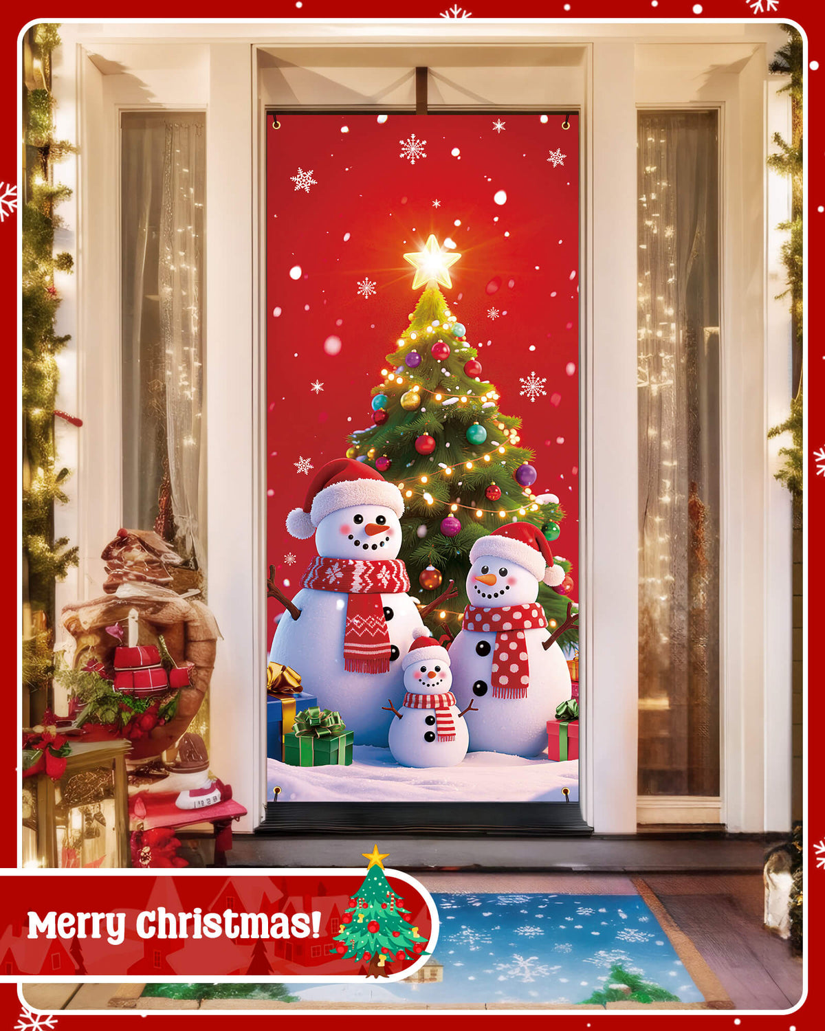 Christmas Door Cover, 35.4"x78", Snowman Family