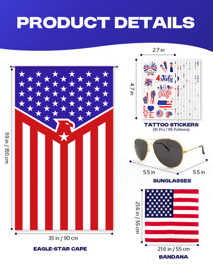 American Flag Cape Set with Eagle Bandana, Sunglasses & Tattoos