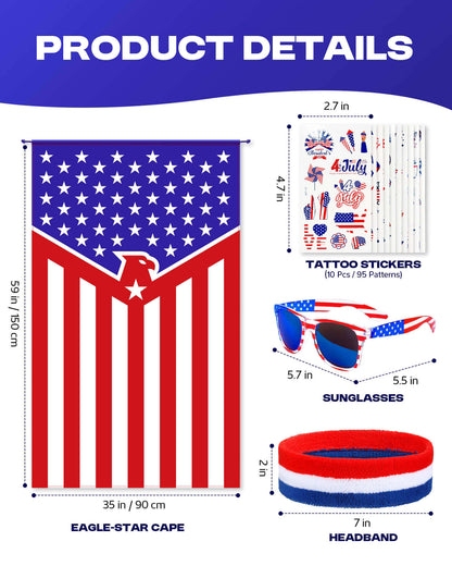 American Flag Cape Set with Eagle Headband, Sunglasses & Tattoos