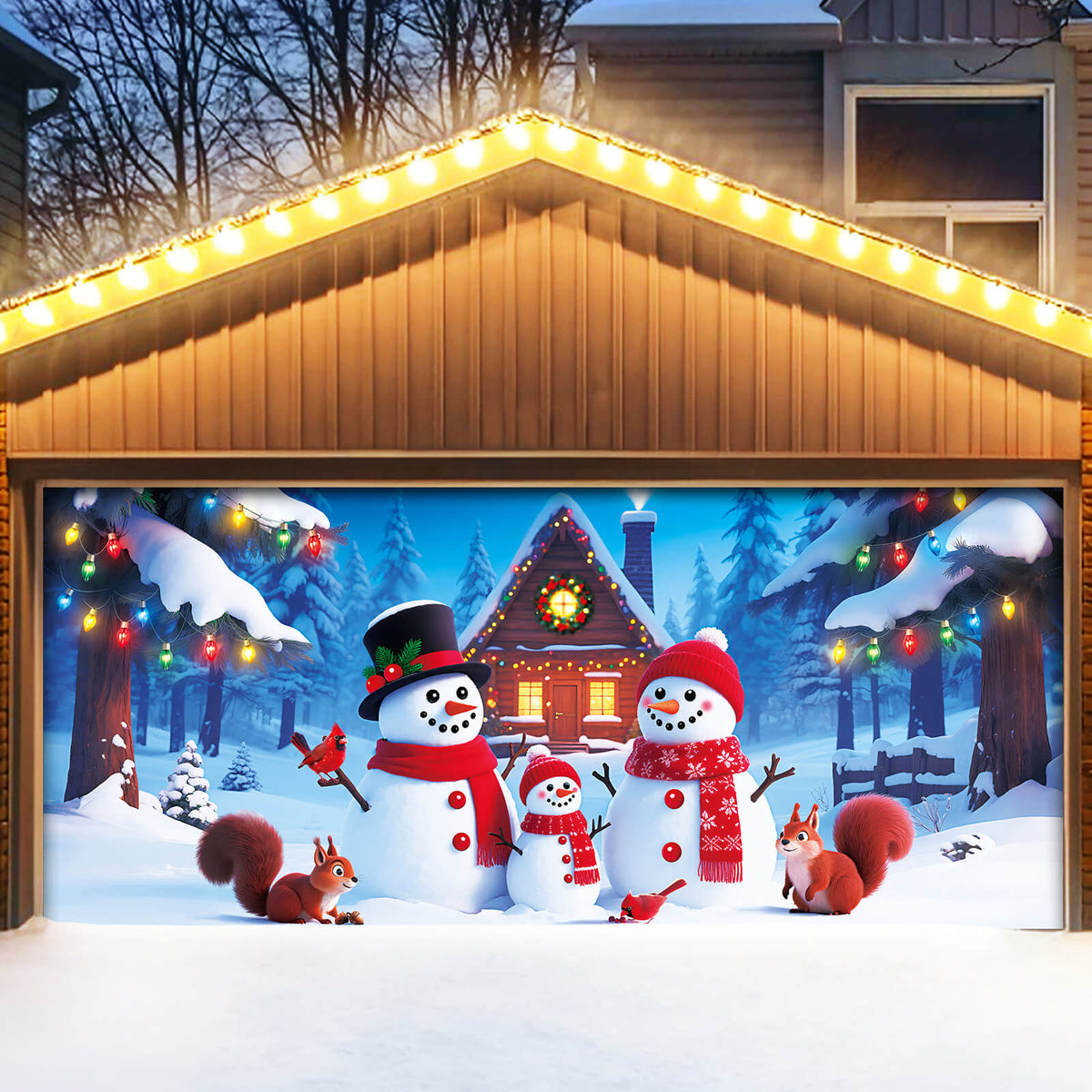 Christmas Garage Door Cover, 7x16 ft, Snowman Family