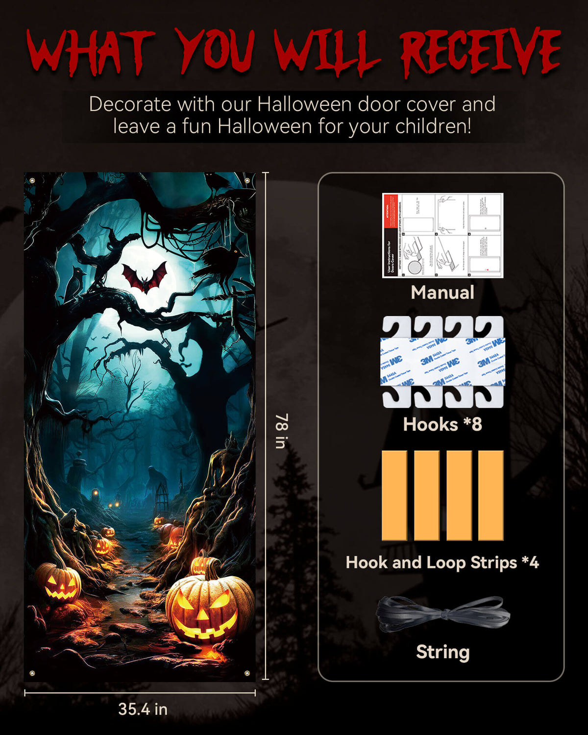 Halloween Door Cover, 35.4"x78", Pumpkin Forest