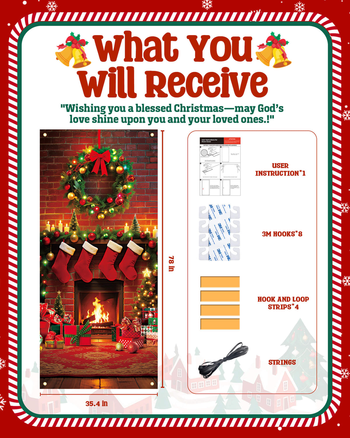 Christmas Door Cover, 35.4"x78", Classic Fireplace