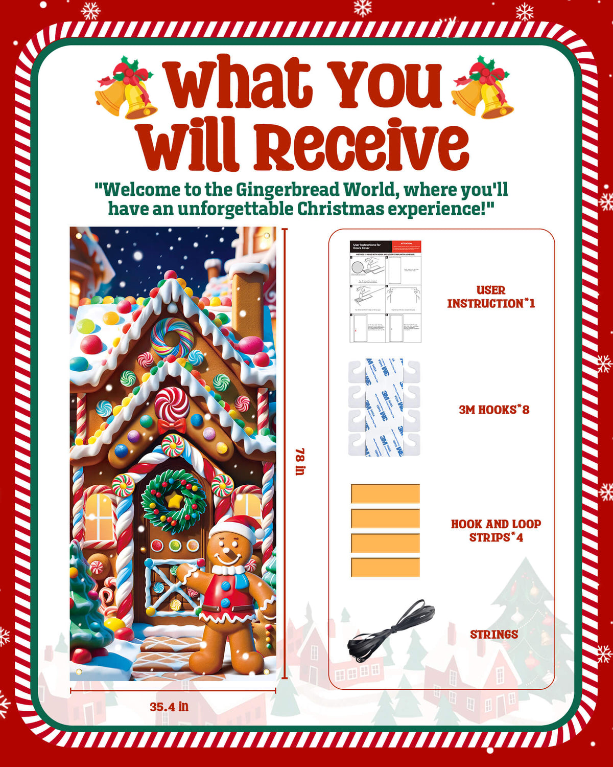 Christmas Door Cover, 35.4"x78", Gingerbread Man&Candy House