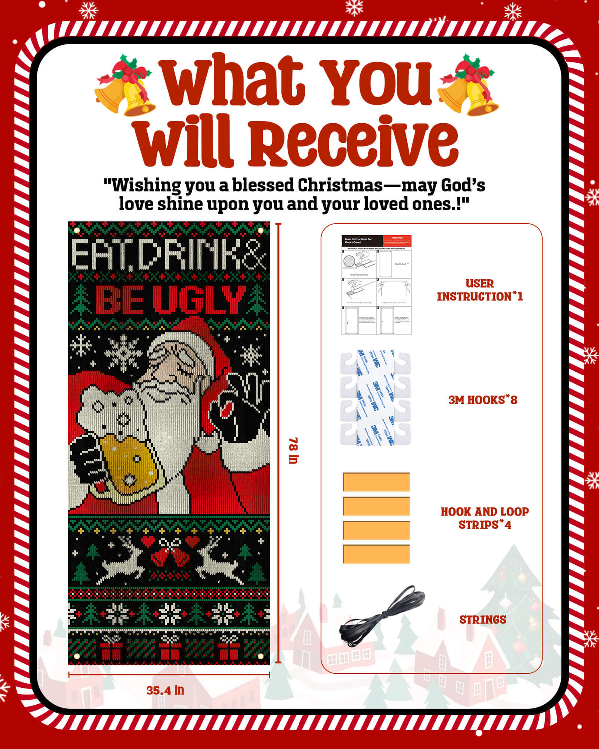 Christmas Door Cover, 35.4"x78", Santa Drinking Beer