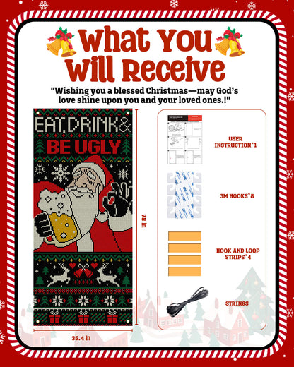 Christmas Door Cover, 35.4"x78", Santa Drinking Beer