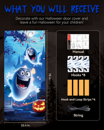Halloween Door Cover, 35.4"x78", Happy Ghost