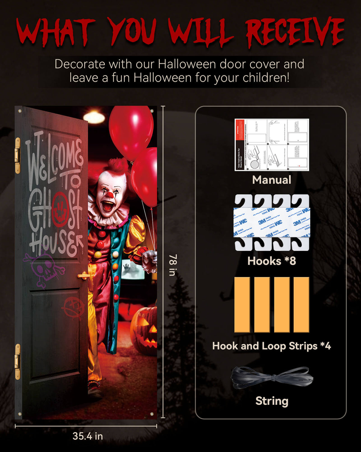 Halloween Door Cover, 35.4"x78", Clown