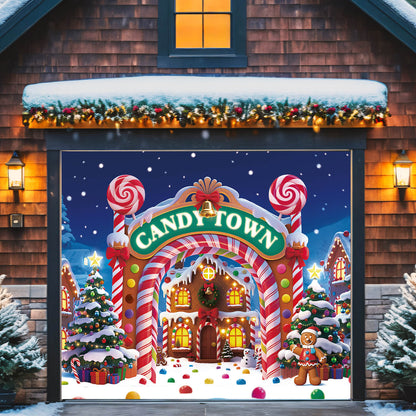 Christmas Garage Door Cover, 7x8 ft, Candy Town