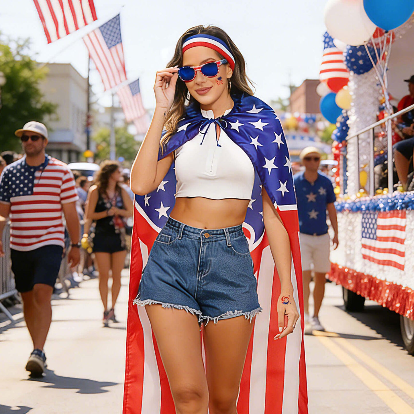 American Flag Cape Set with Eagle Headband, Sunglasses & Tattoos