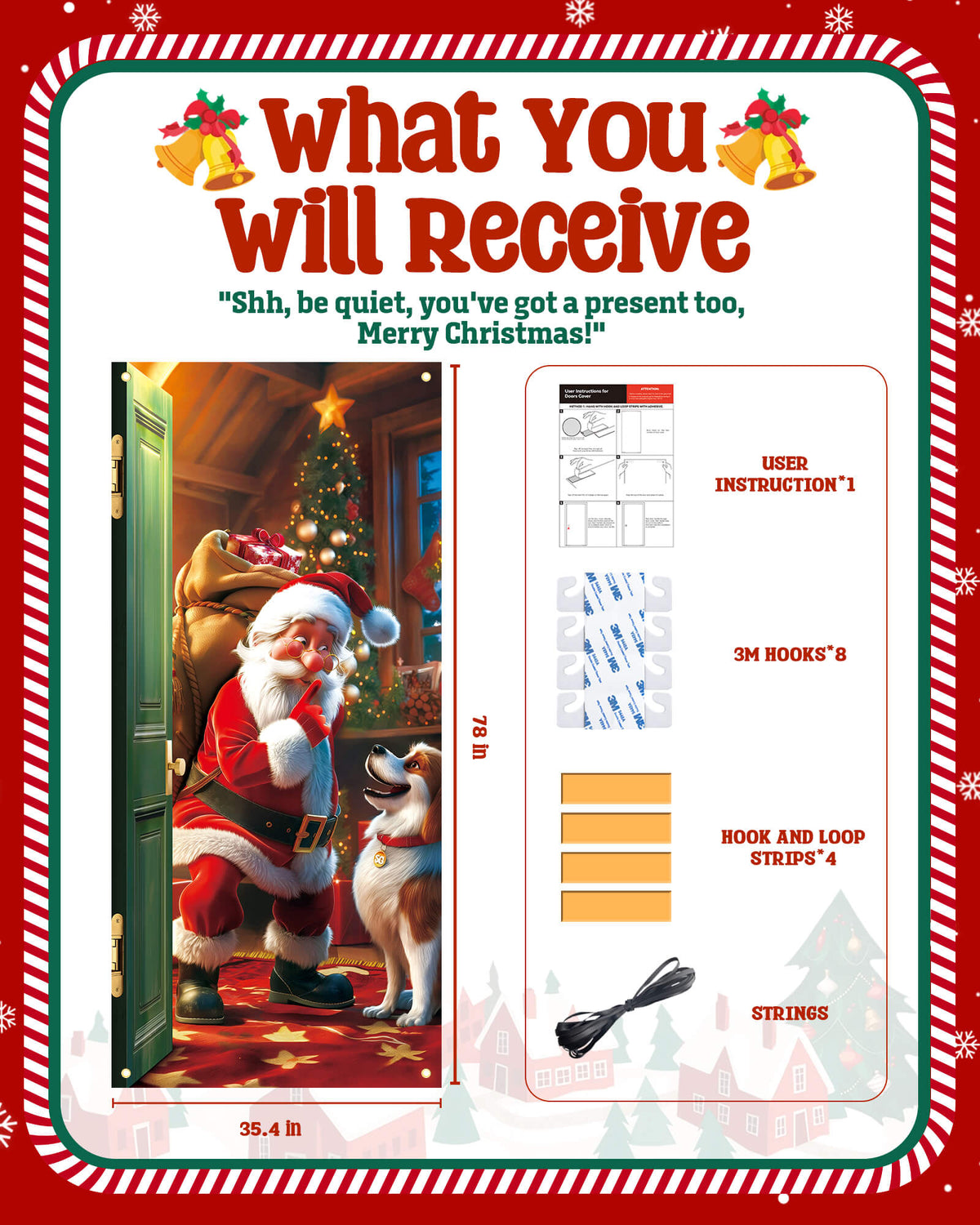 Christmas Door Cover, 35.4"x78" Santa Claus and Puppy