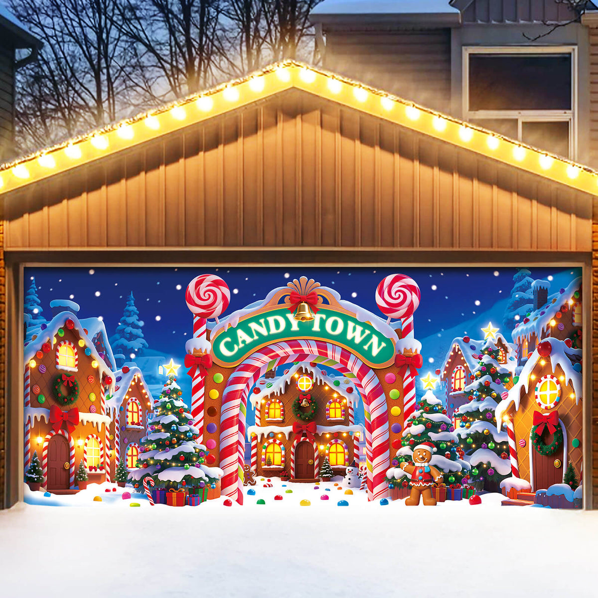 Christmas Garage Door Cover, 7x16 ft, Candy Town