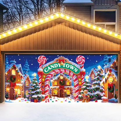 Christmas Garage Door Cover, 7x16 ft, Candy Town