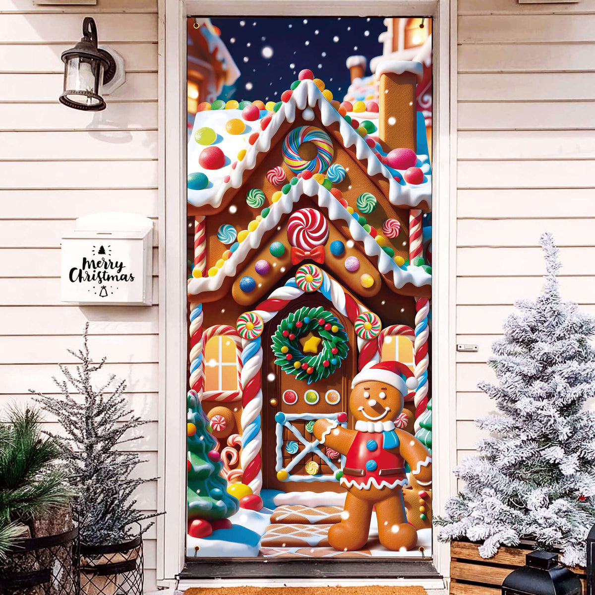 Christmas Door Cover, 35.4"x78", Gingerbread Man&Candy House