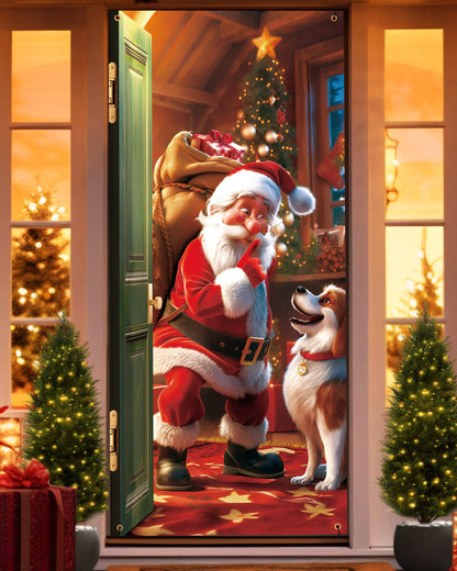 Christmas Door Cover, 35.4"x78" Santa Claus and Puppy