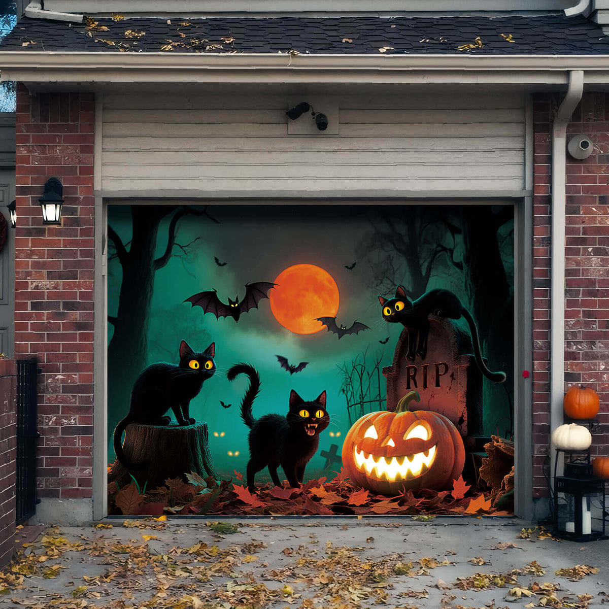 Halloween Garage Door Cover, 7x8 ft,  Black Cats
