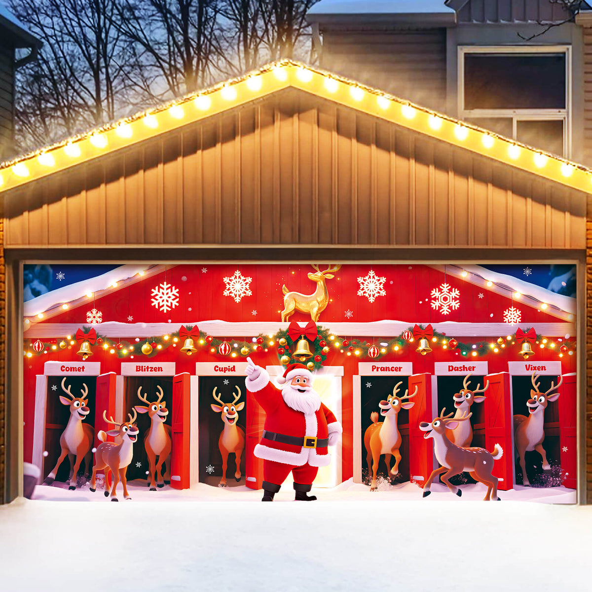 Christmas Garage Door Cover, 7x16 ft, Santa and His Reindeer Team