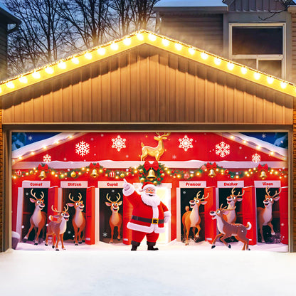 Christmas Garage Door Cover, 7x16 ft, Santa and His Reindeer Team