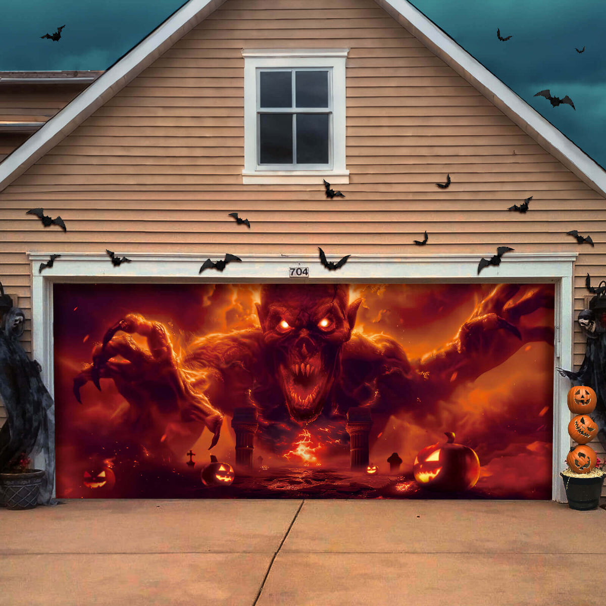 Halloween Garage Door  Cover, 7x16 ft, Ghost Fire