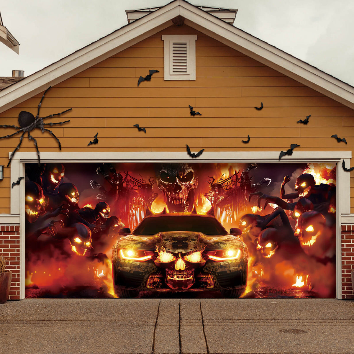 Halloween Garage Door Cover, 7x16 ft, Skull & Fire Vehicle