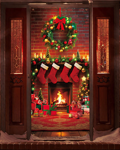 Christmas Door Cover, 35.4"x78", Classic Fireplace