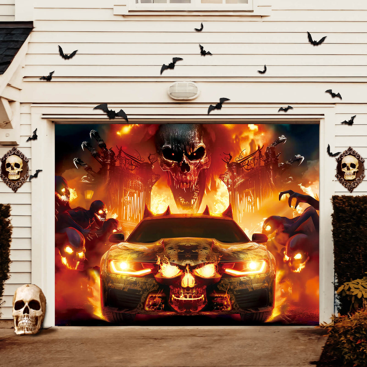 Halloween Garage Door Cover, 7x8 ft, Skull & Fire Vehicle