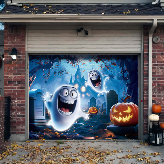 Halloween Garage Door Cover, 7x8 ft, Cute Ghost