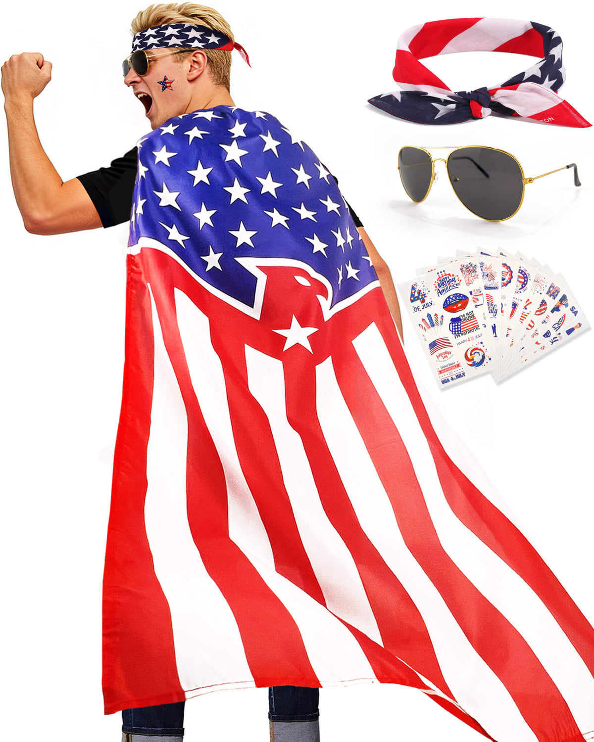 American Flag Cape Set with Eagle Bandana, Sunglasses & Tattoos