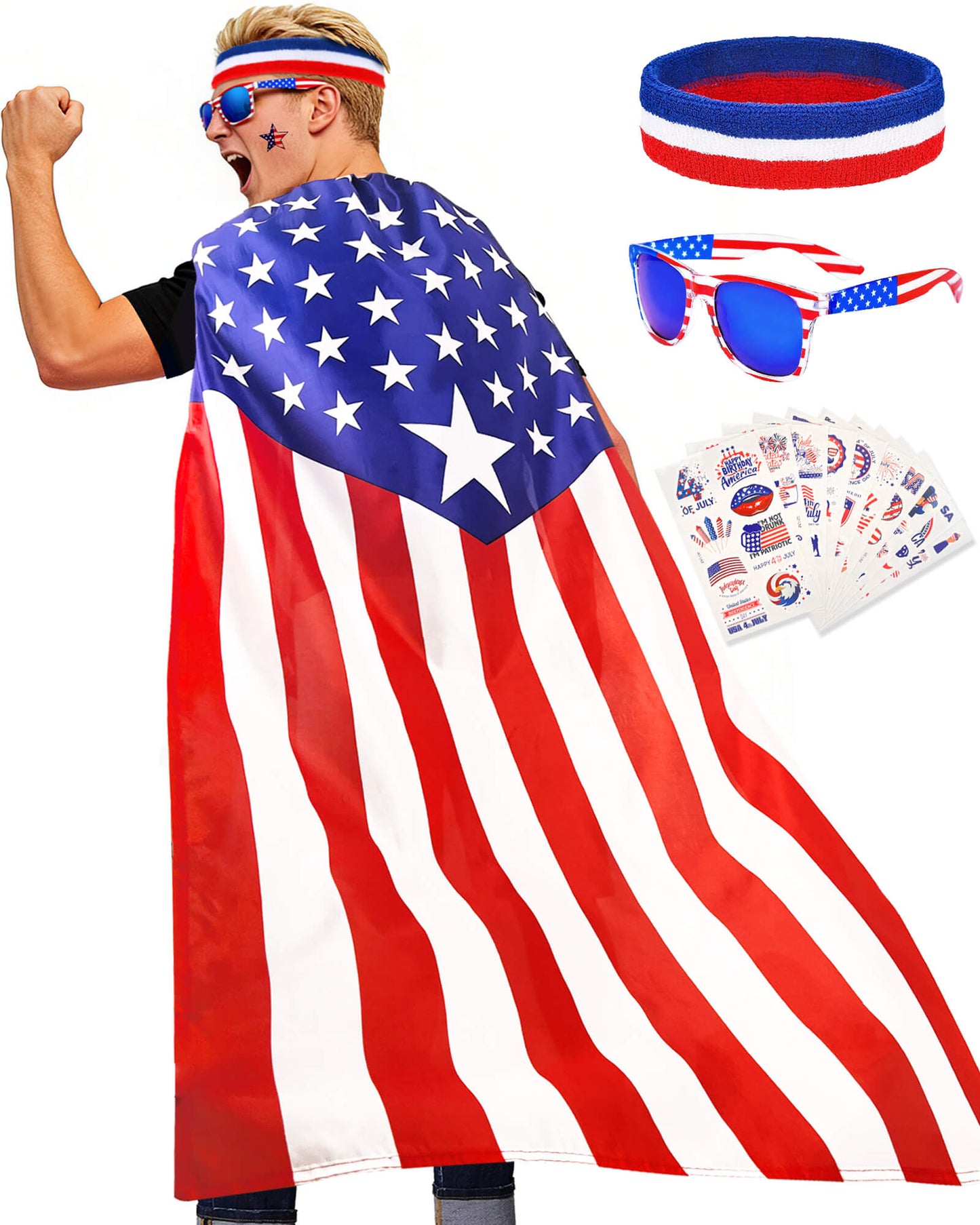American Flag Cape Set with Star Headband, Sunglasses & Tattoos
