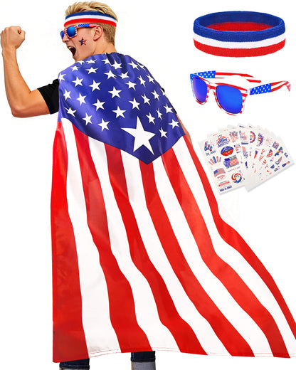 American Flag Cape Set with Star Headband, Sunglasses & Tattoos