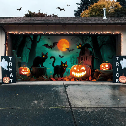 Halloween Garage Door Cover, 7x16 ft,  Black Cats
