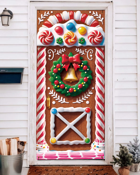 Christmas Door Cover, 35.4"x78", Wreath-Adorned Candy House