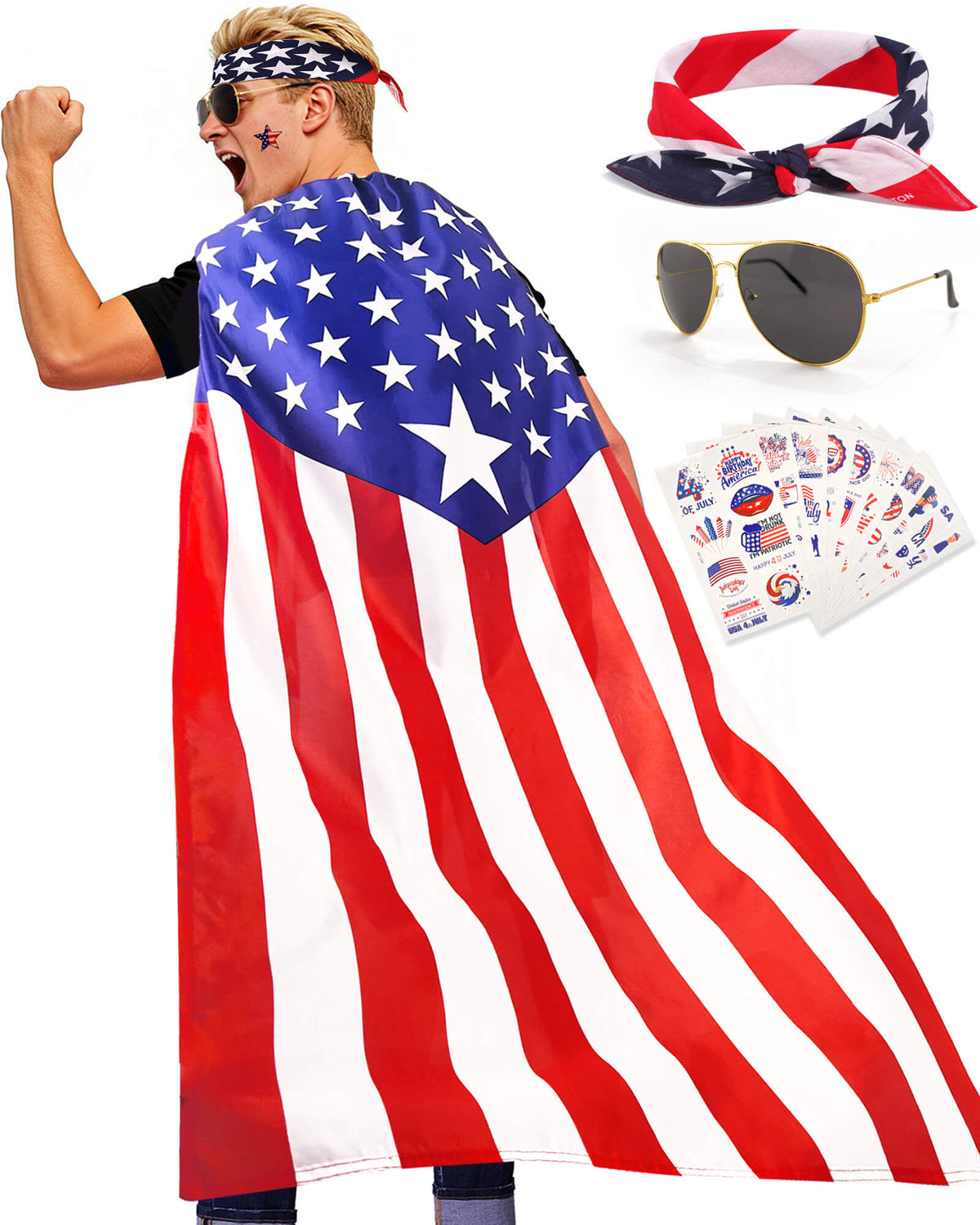 American Flag Cape Set with Star Bandana, Sunglasses & Tattoos
