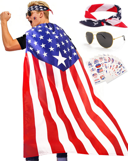 American Flag Cape Set with Star Bandana, Sunglasses & Tattoos