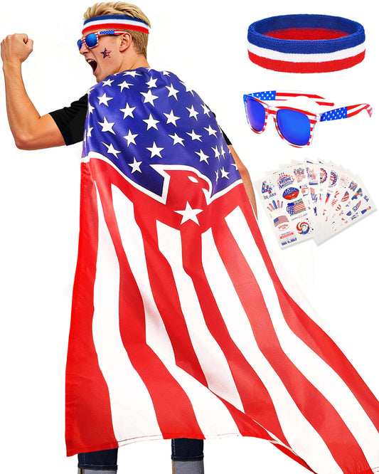 American Flag Cape Set with Eagle Headband, Sunglasses & Tattoos