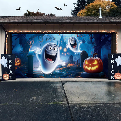 Halloween Garage Door Cover, 7x16 ft, Cute Ghost