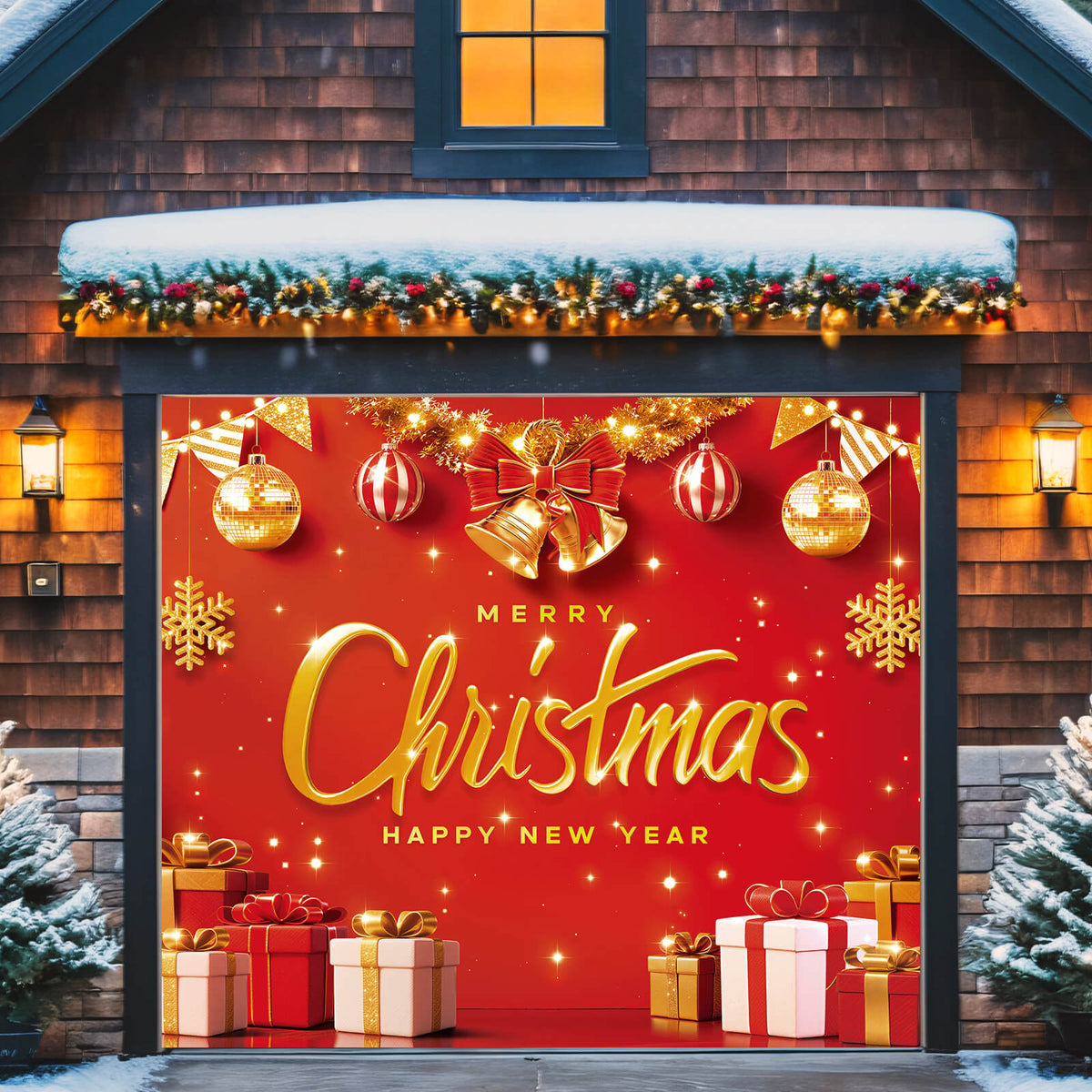 Christmas Garage Door Cover, 7x8 ft, Red & Gold Merry Christmas
