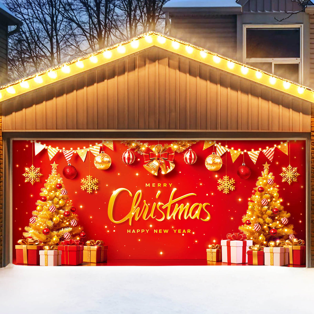 Christmas Garage Door Cover, 7x16 ft, Red & Gold Merry Christmas