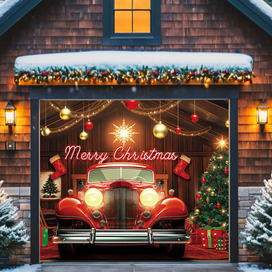 Christmas Garage Door Cover, 7x8 ft, Red Car
