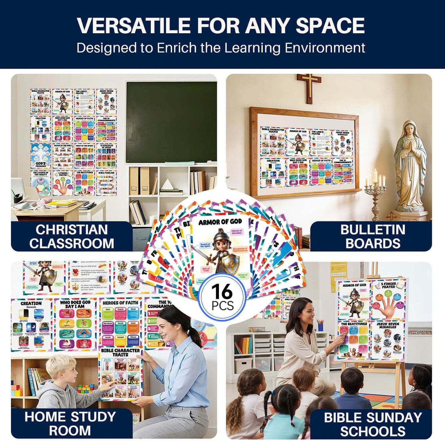 16pcs Bible Posters for Kids, 11x14in