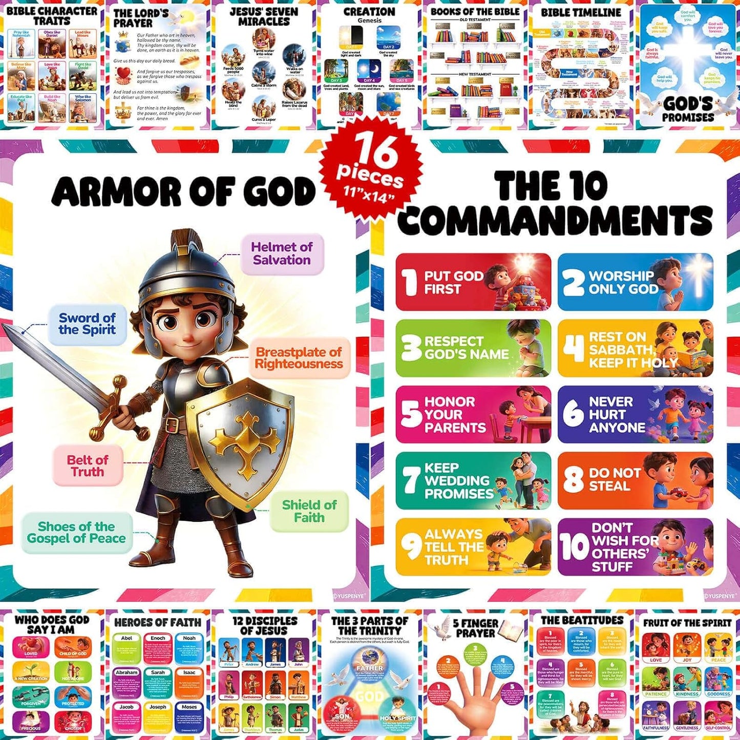 16pcs Bible Posters for Kids, 11x14in