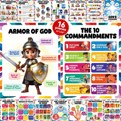 16pcs Bible Posters for Kids, 11x14in