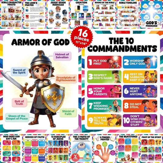 16pcs Bible Posters for Kids, 11x14in